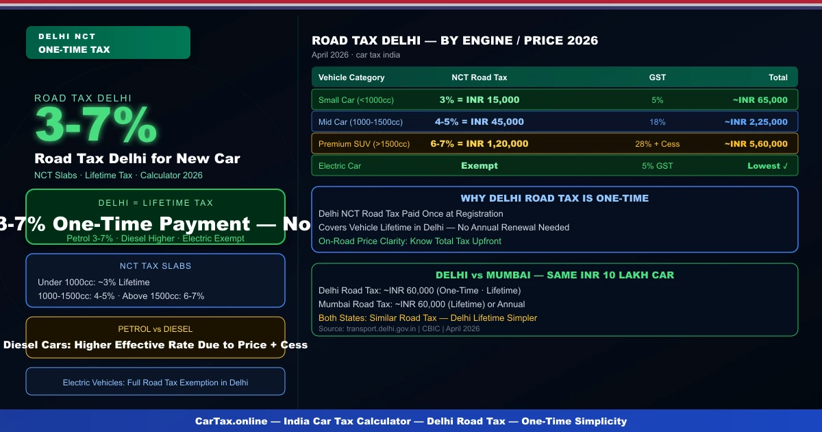 Road Tax Delhi for New Car 2026 — NCT Slabs & Calculator